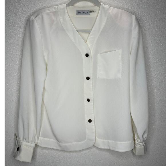 Martinique Ivory Long Sleeve V-Neck Bronze Button Up Blouse Top 6 - Picture 2 of 13
